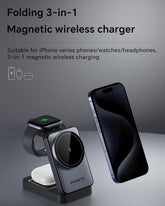 2025 Upgraded 3-in-1 Wireless Charger for iPhone,Travel Magnetic Charger Stand Nightlight Foldable Wireless Charging Station Compatible with Magsafe Charger&iPhone 16/15/14/13/12,Apple Watch&AirPods